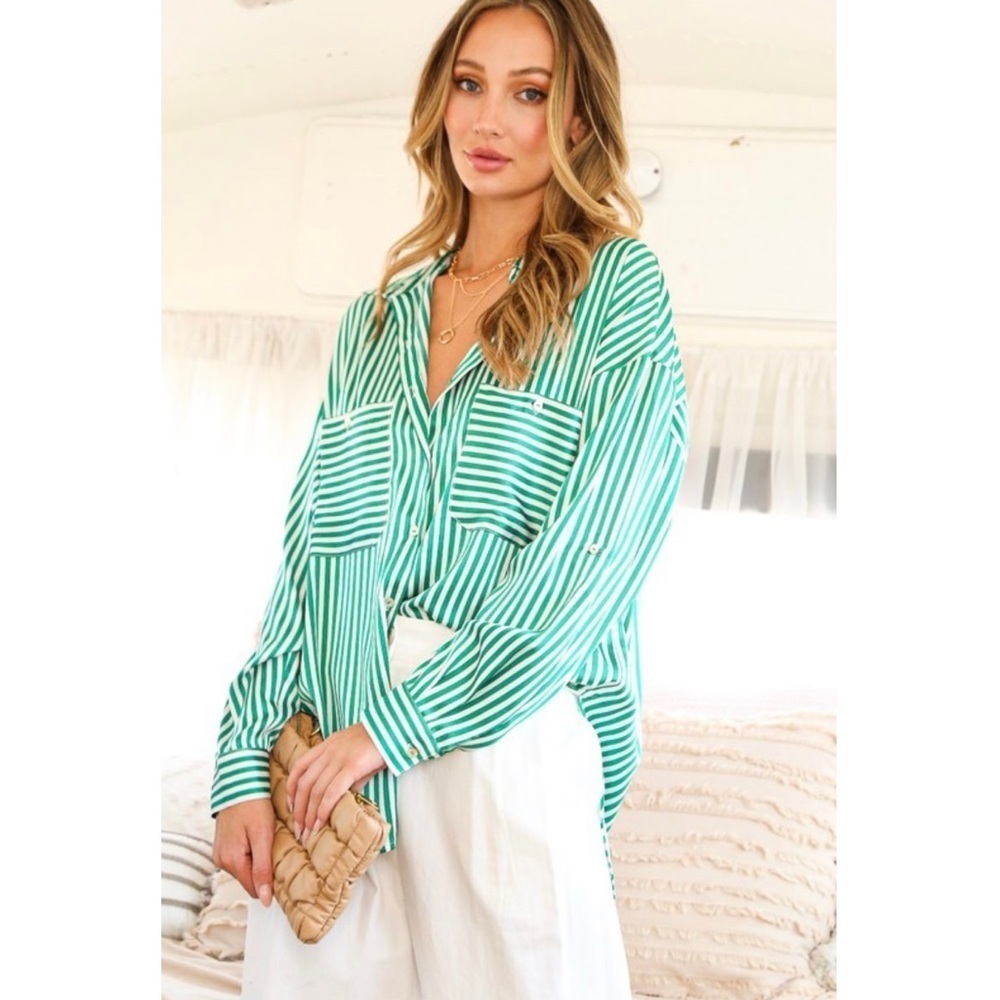 Haus of Bebe Rae Green striped boutique Striped Satin Blouse